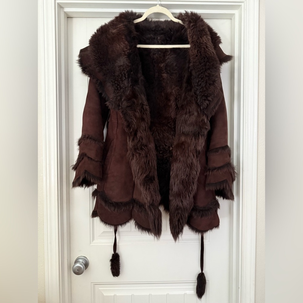 RARE Vintage Suede Shearling HEAVY COAT super warm made in USA Fit & Flare sz L - Picture 13 of 17
